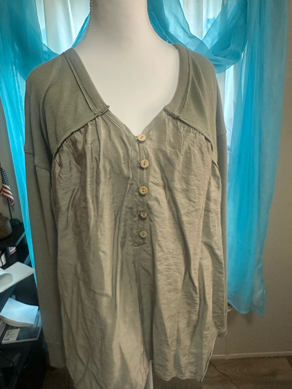 Buckle  Casual Button-Front Henley Top in Sage Green